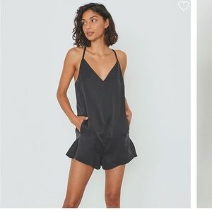 Lunya Washable Silk Romper in Immersed Black XS